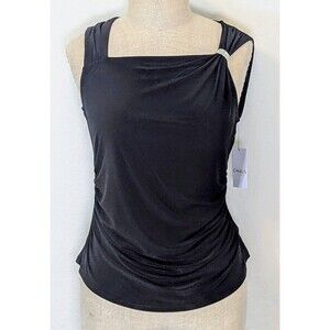 Chaus New York Womens XL Black Asymmetrical Sleeveless Blouse Ruched Stretch Top